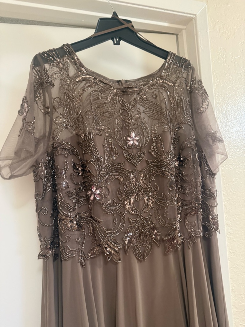 Xscape Taupe Beaded Overlay Evening Dress